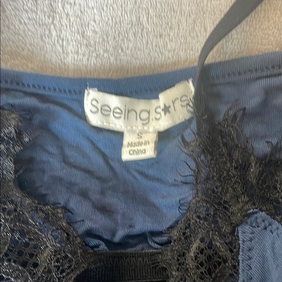 NEW Seeing Stars Navy Sleep Camisole with Eyelash Lace Detail - Picture 4 of 6